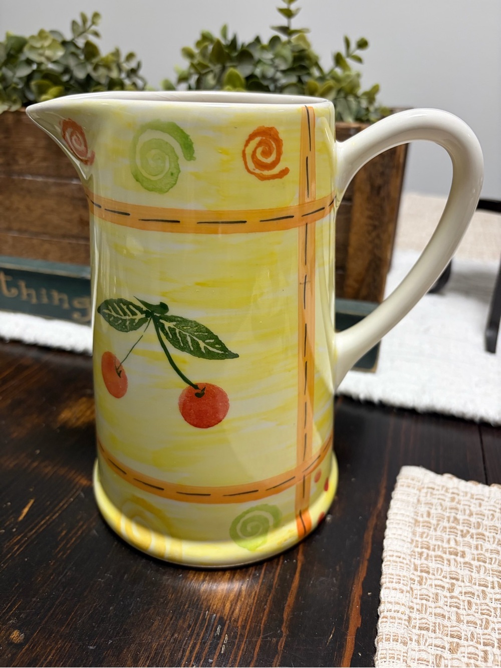 Yellow Ceramic Cherry Pitcher with Orange & Green Accents (2)